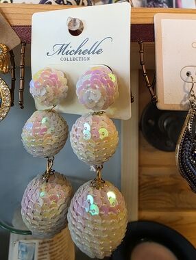 Jona Michelle Iridescent Pink & White Sequin Drop Earrings